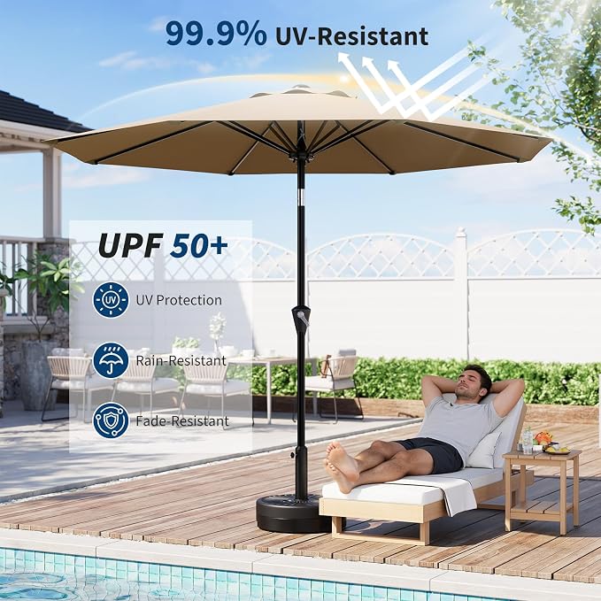 GarveeLife 10FT Umbrella Outdoor Patio, Table Umbrella with Push Button Tilt and Crank, 8 Sturdy Ribs Waterproof UV Protection for Garden, Pool, Deck, Backyard, Market (Khaki)