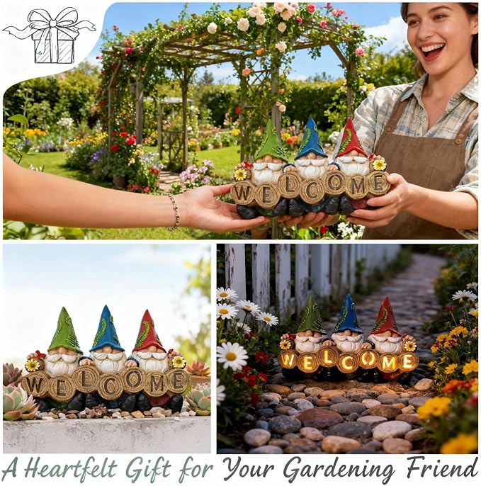 Garden Gnomes Solar Powered Welcome Statue, Outdoor Patio Yard Decor, Waterproof Resin Garden Figurines, Gift for Mother's Day for Mom Grandma, Spring Gardening Gift for Women Grandkids