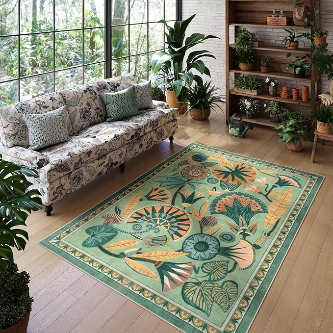 Zealude 5x7 Floral Rug, Green Rug for Living Room, Washable Low Pile Bedroom Rugs, Non Slip Throw Rugs with Rubber Backing, Soft Carpet for Dining Room Home Office Playroom