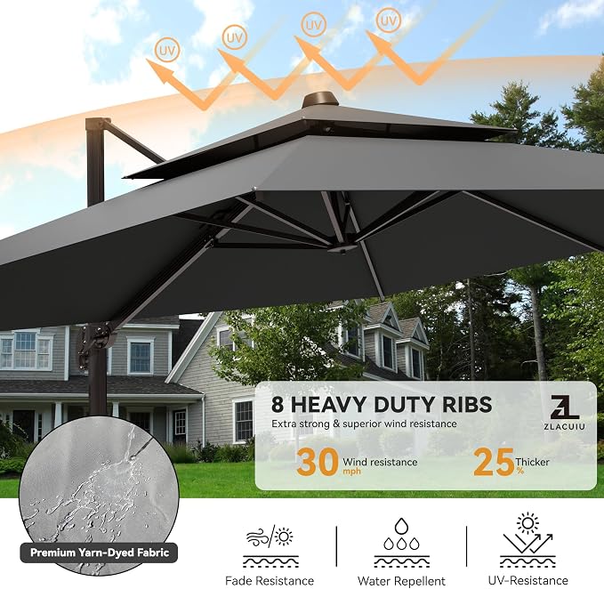 10x13FT Cantilever Outdoor Patio Umbrellas with Base, Double Top Large Rectangle Umbrella, Heavy Duty 360° Rotation Offset Outdoor Sun Shade Umbrella for Garden Deck Pool Backyard Patio, Grey