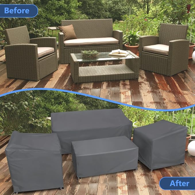 STARTWO Patio Furniture Covers, 4 Piece Heavy Duty Waterproof Outdoor Furniture Cover with Windproof Buckle Strap, for Lawn Rattan Wicker Couch Chair Set, Grey-XXL