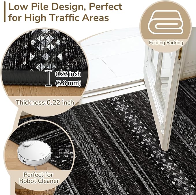8x10 Washable Area Rugs for Living Room Boho Bedroom Rug Black/White | Vacuum Friendly, Machine Washable, Non-Slip Rug, Stain Resistant, Moroccan Geometric, Low Pile Carpet, Dining Room Kitchen