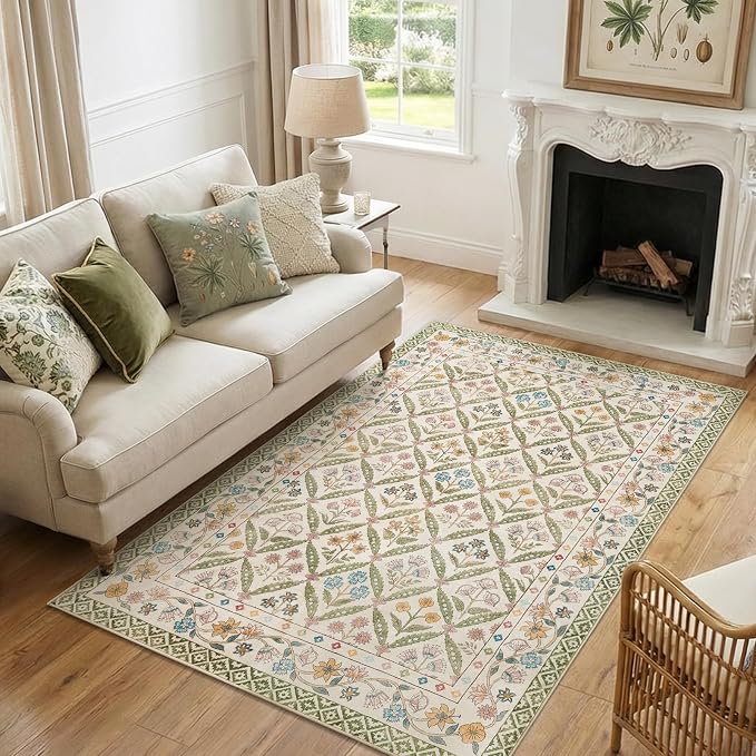 jinchan 4x6 Vintage Floral Washable Non Slip Bedroom Area Rug, Sage Green | Soft & Lightweight, Checkered Floral, Low Pile, Bedroom, Kitchen, Girls Dorm, Apartment, Small Living Room, Cottage Decor