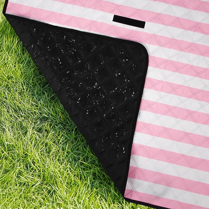 Waterproof Picnic Blankets,79''x79'' Extra Large Foldable Sandproof Beach Blanket,Portable 3-Layer Polyester Outdoor Picnic Blanket for Grass Lawn,Beach,Family Camping,Park,Travel-Pink Stripe