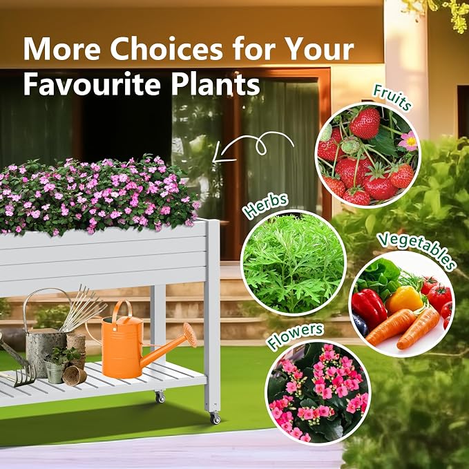 Vixzen 33.7" Tall Raised Garden Bed Outdoor with Wheels & Shelf, Divisible Resin Planter Box with Drainage Gauge, Planter Bed Box for Vegetables/Herbs, Backyard, Patio, Balcony, Ashen (33.7" H)