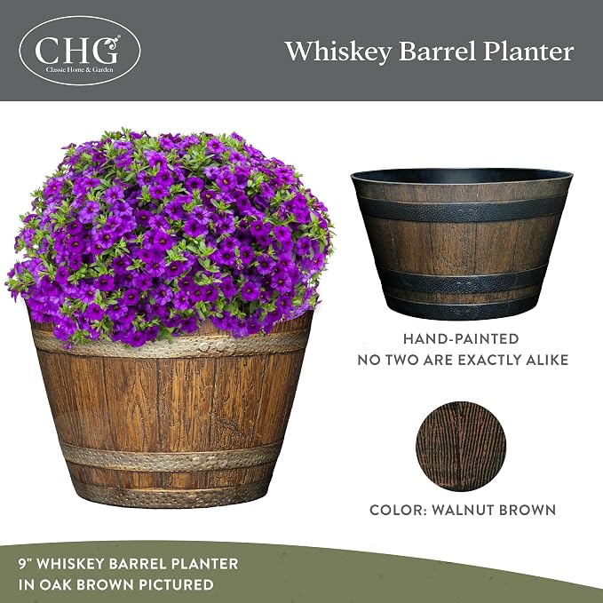 Classic Home & Garden Whiskey Barrel Planters, Wood Finish Flower Planter Pot, Stylish Indoor & Outdoor Resin Garden Pots, Weather-Resistant Planting Pot (20.5" Kentucky Walnut, 1- Pack)