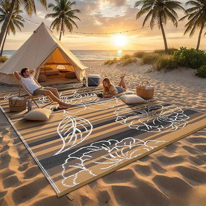 Garvee 10x14 Outdoor Waterproof Rug, Floral Outdoor Area Rug，Reversible Plastic Straw Patio Rug, Portable Camping Mat for RV, Picnic, Beach, Balcony, Garden & Camping Black&Brown