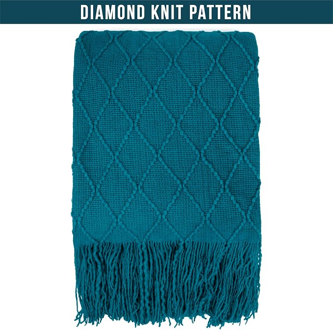 PAVILIA Teal Blue Knit Throw Blanket for Couch Bed, Soft Knitted Farmhouse Sofa Throw for Living Room, Lightweight Decorative Summer Throw Blanket for Chair, Outdoor Textured Boho Blanket, 50x60