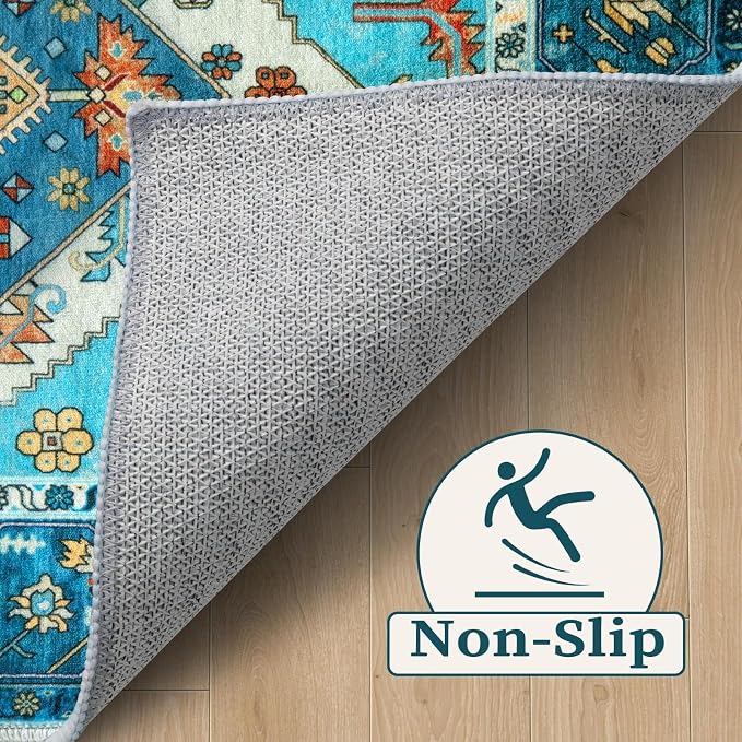SERISSA 2x4 Washable Non Slip Boho Runner Rug for Entryway，Blue | Ultra Soft Vintage Oriental Carpet Low-Pile Tribal Entrance Carpet for Kitchen Bedroom Hallway Laundry Room Bathroom