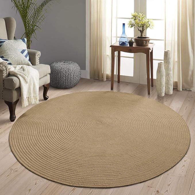 Superior Indoor/Outdoor Area Rug, Reversible Braided Floor Decor for Living Room, Kitchen, Patio, Front Porch, Modern Boho Farmhouse Rugs, Hardwood, Bedroom Accessories, 4' Round, Latte