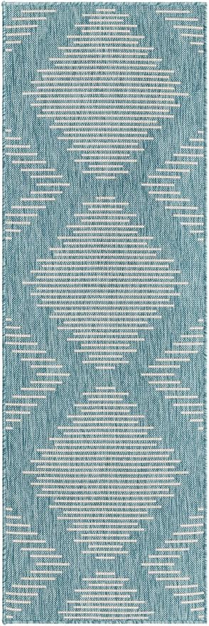 Unique Loom Outdoor Modern Collection Area Rug - Tambor (2' x 6' 1" Runner, Light Aqua/ Ivory)