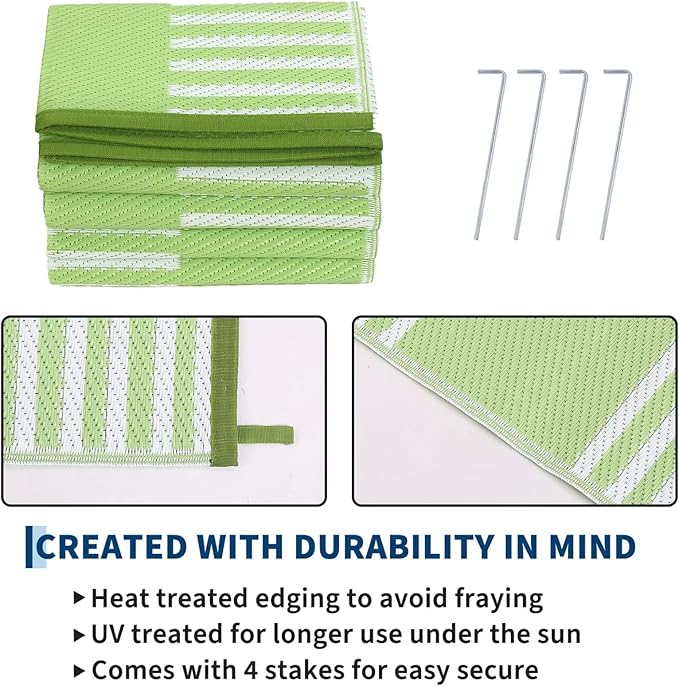 Garvee Waterproof Outdoor Rug 6x9, Checkered Foldable Plastic Straw Patio Camping Rug, Outdoor RV Carpet for Deck Camper Porch Balcony Backyard Picnic Beach Green and White