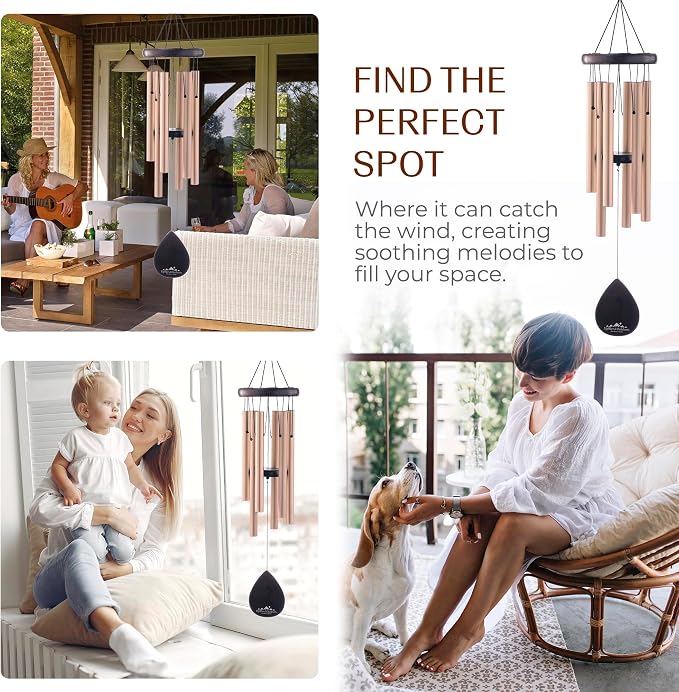 Gold Wind Chimes for Outside Deep Tone, 28 Inch Havasu Hand Tuned E Major Wind Chime, Adjustable Clapper, Aluminum Beech Wood Garden Patio Porch Decor, Memorial Housewarming Gift