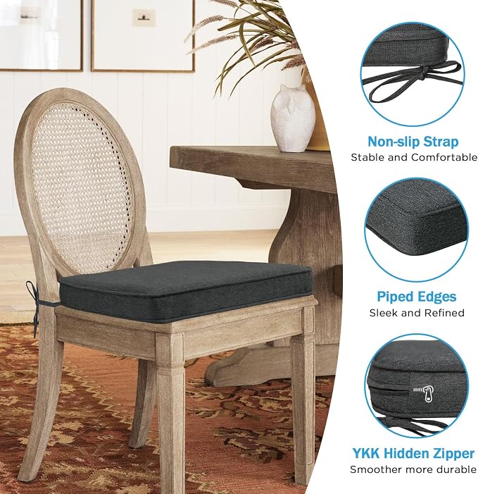 17 x 16 Inch Sunbrella Outdoor Chair Cushions with Tie Straps, Set of 4 Thick Water Repellent Round Patio Chair Pads for Garden Lawn Patio Furniture, Canvas Soot