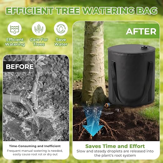 HIRALIY 15 Gallon Cylindrical Tree Watering Bag, 3 Pack Black, Slow Release 1-5 Days, Deep Root & Automatic Drip Irrigation System, for Multi-Trunk Newly Planted Small Trees and Shrubs