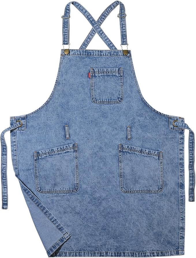 Denim Chef Apron for Women with Pockets, Jean Waitress Server Kitchen Apron for Men Cooking Gardening Painting