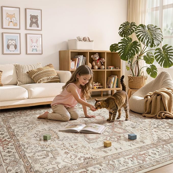 DTICON Vintage Washable 9x13 Area Rug Living Room Rugs, Beige | Boho Distressed, Pet & Kid Friendly, Non-Slip Backing, Soft Polyester, Low-pile Carpet for Living Room, Bedroom, Dining Room