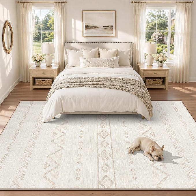 Zomfy Washable Rug 6x9 Area Rugs for Living Room(CreamBeige, 6'x9') | Geometric Boho Modern Rugs Neutral Non Slip Soft Carpet Low Pile No Shedding Print Rug for Bedroom Dining Room Home Office