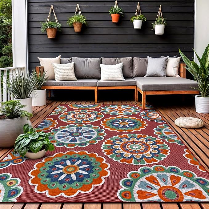 Outdoor Rug 10x14 Washable Area Rugs Indoor Outdoor Carpets Red Bohemian Medallion Non Shedding Waterproof Easy Clean Patio Deck Porch Living Room Bedroom Garden RV (10 X 14 Red)