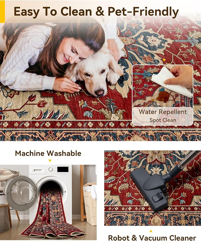 RELEANY Washable Area Rug, Large 9'x12', Red/Blue | Non-Slip, Water Repellent, Pet Friendly, Easy to Clean, Vintage Floral Boho Decor for Living Room Bedroom Dining Room