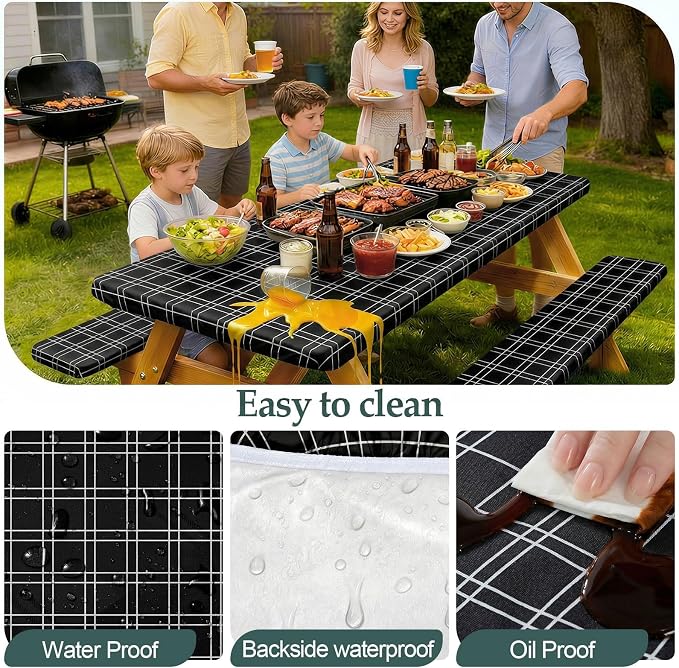 Play Tailor Picnic Table Cover with Bench Covers Camping Essentials Waterproof Windproof Camping Tablecloth with Drawstring Bag, Fitted Rectangle Tables and Seats, 96in, Black Checkered