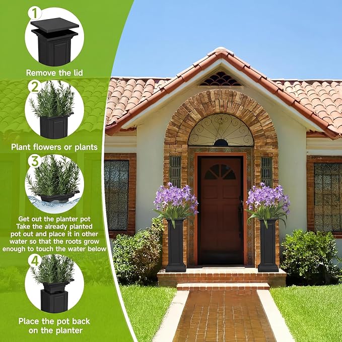 Vixzen Tall Black Resin Planters Set of 2, Large All-Weather Outdoor Garden Pots, Durable Crack-Resistant Flower Pots for Porch, Balcony, Backyard, Flowers & Trees, Black