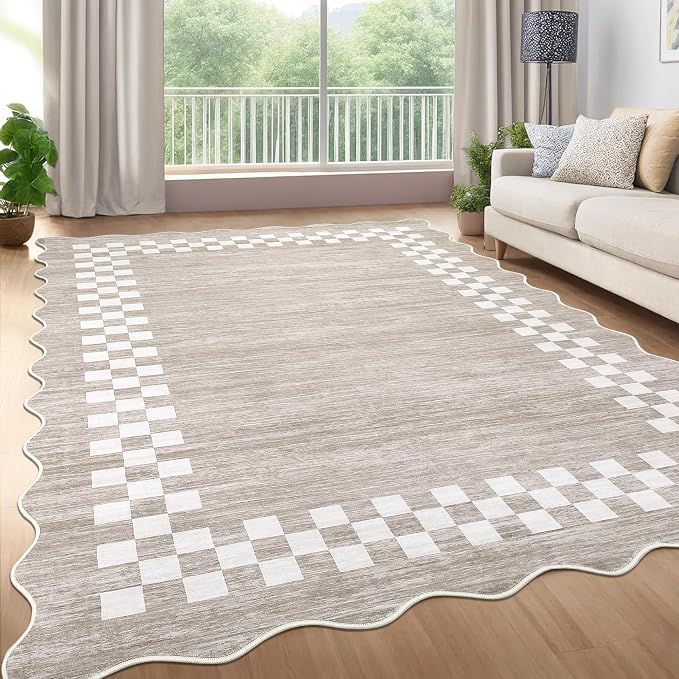 GarveeHome Scalloped Washable Rug 9x12 Area Rug for Living Room Bedroom | Modern Border Large Throw Carpet with Rubber Backing Stain Resistant Rug for Dining Room Home Decor Office, Fog