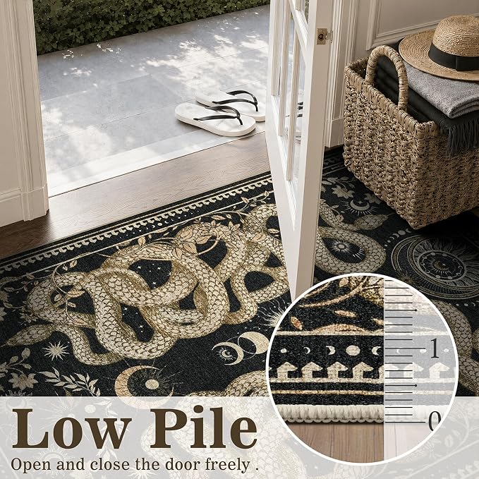 DCX 2x6 Washable Snake Rug for Living Room, Non Slip Low Pile Rug, Black | Rugs for entryway, kitchen, dining room, office, soft, kid & pet friendly, sain resistant indoor carpet, home decor