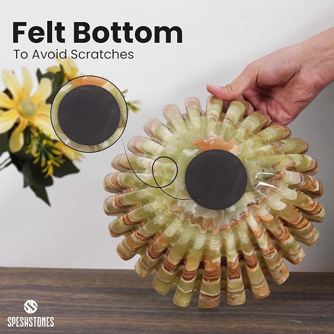 Marble Large Decorative Bowl Handmade 10 Inch Green Onyx Ruffle Bowl, Scalloped Bowls for Home Decor, Modern Fruit Bowl for Kitchen Counter, Stone Fluted Bowl for Housewarming Gifts