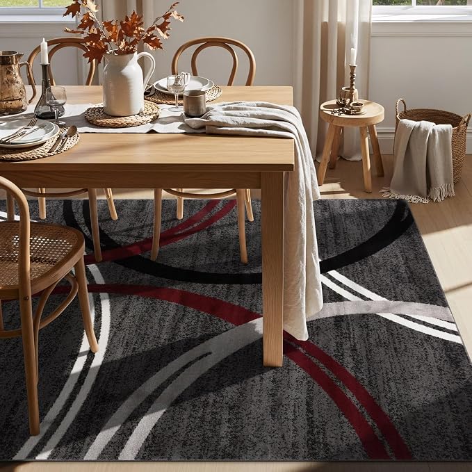 Rugshop Wavy Circles Modern Non-Shedding Area Rug Red 5'3" x 7'3" | Rectangular, Size 5'3" x 7'3", Living Room, Bedroom, Dining Room, Home Office, Kitchen, Entryway, Hallway, Nursery, Kids Room