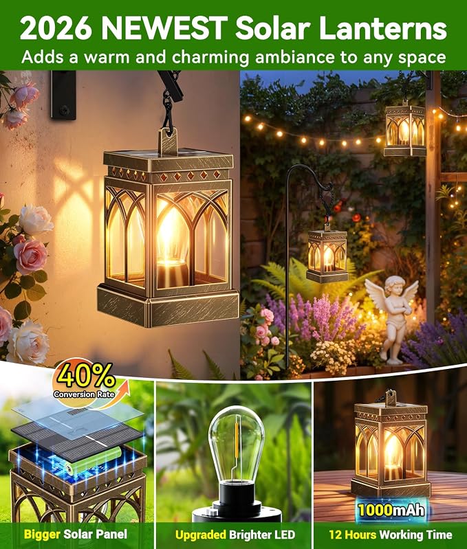 KOOPER 4 Pack Solar Lanterns Outdoor Waterproof, Brighter Hanging Solar Lantern Lights for Outside, Auto ON/Off Lanterns Decorative Outdoor for Garden Table Yard Path Patio Lawn Decor, Gifts (Bronze)