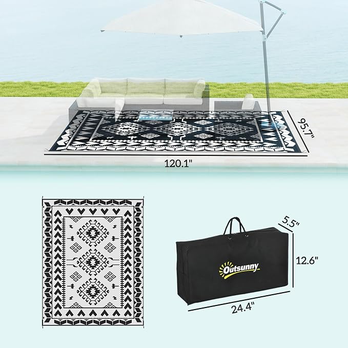 Outsunny Outdoor Rug for Patio, 8' x 10' Waterproof Large Mat, Reversible Plastic Straw Rug for Decor, Portable Outside RV Camping Area Carpet Mat for Backyard Porch Deck Picnic, Black & White Rhombus