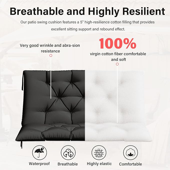 Porch Swing Cushion with Backrest,Waterproof Bench Cushion for Outdoor Furniture,2-3 Seater Replacement Thickened 5 in swing cushion,with Ties,Patio,Outdoor,Backyard and Garden (Black,40x40 in)
