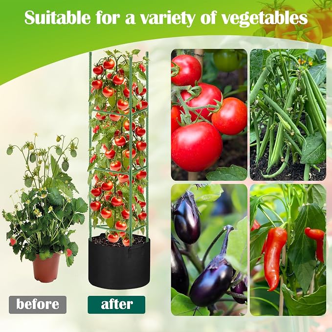 4 Pack Tomato Cages 55 x 12 Inch for Garden with 11 Gallon Round Grow Bags Planter Pots with Heavy Duty Triangle Trellis Plant Stakes Support Frames for Cucumber Vegetables Flowers