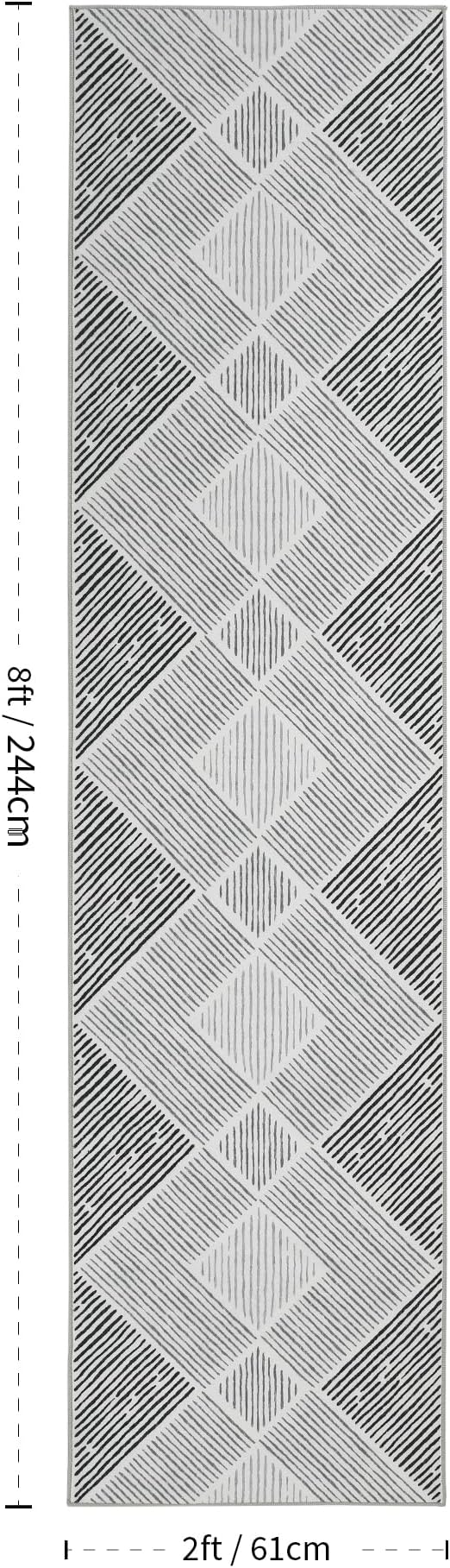 2‘x8' Non-Slip Black and White Geometric Runner Rug for Hallway | Washable, Low Pile, Stain Resistant, Modern Stripe Long Rug for Kitchen Entryway Bedroom