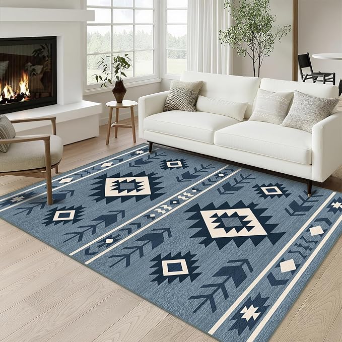 Western Area Rug 4x6 for Living Room, Southwestern Aztec Tribal Area Rugs Southwest Navajo Machine Washable Rug Non-Slip Printed Low-Pile Floor Carpet for Bedroom Dining Room Office, Blue