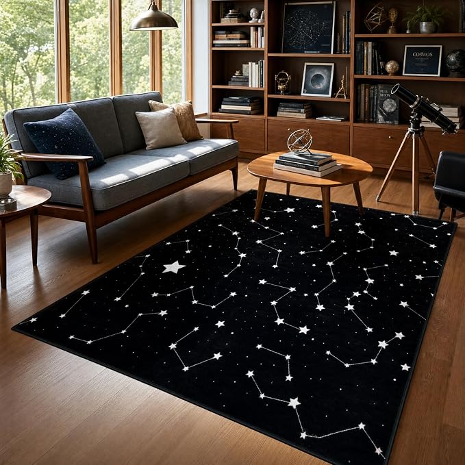 9CH Black White Star Rugs 5'x7' Space Galaxy Rug for Living Room | Celestial Starry Constellation Carpet Soft Durable, Non-Slip, Washable, Stain Resistant for Bedroom, Dining Room