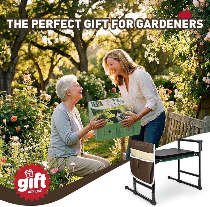 Garden Kneeler and Seat for Seniors – Heavy Duty Anti-Tip Gardening Stool with Widened Thick Soft Kneeling Pad, Foldable Garden Bench with Sturdy Handles, Gardening Gifts for Women Men Mom (Brown)