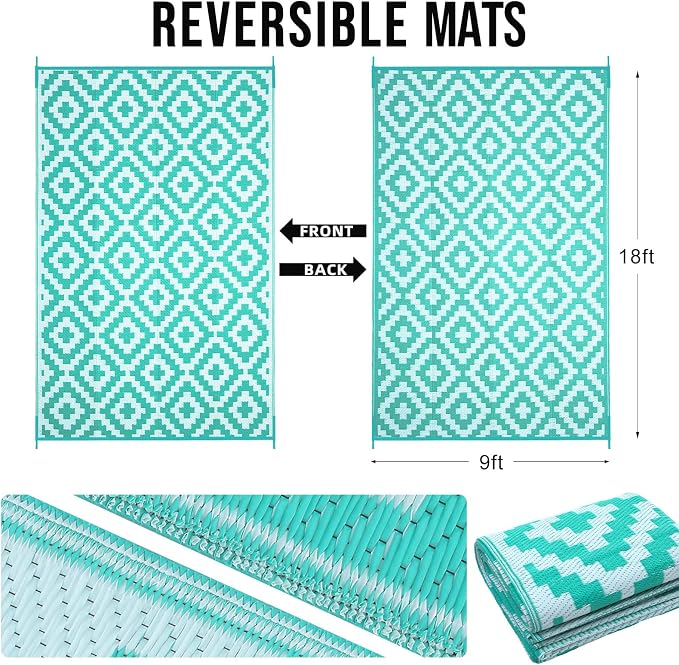 OLANLY Waterproof Outdoor Rug 9x18 ft, Outdoor Plastic Straw Rug for Camping, RV Mat Outside, Outdoor Carpet for Porch, Deck, Backyard, Balcony, Picnic, Turquoise & White