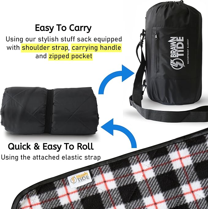 BRAWNTIDE Large Waterproof Outdoor Blanket, Extra Thick Fleece, Warm, Windproof & Sandproof, Quilted Stadium Blanket for Sports Events, Beach, Camping, Picnics, Dogs & Car, 82" x 55