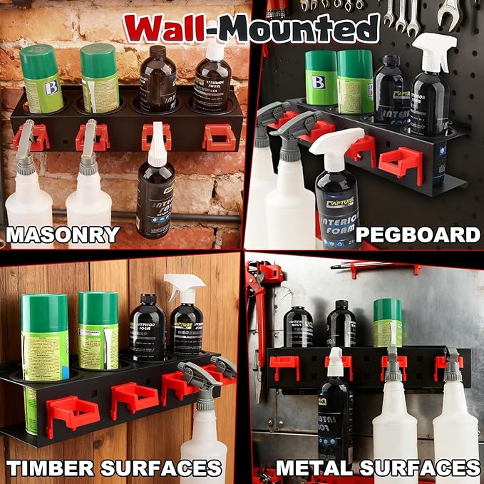 2 Pack Spray Bottle Holder Wall Mount, Carbon Steel Heavy-Duty Car Detailing Bottle Organizer, Spray Can Holder Rack with 4 Holes & 4 Hooks, Space Saving Storage Holder for Garage Workshop Van Shed