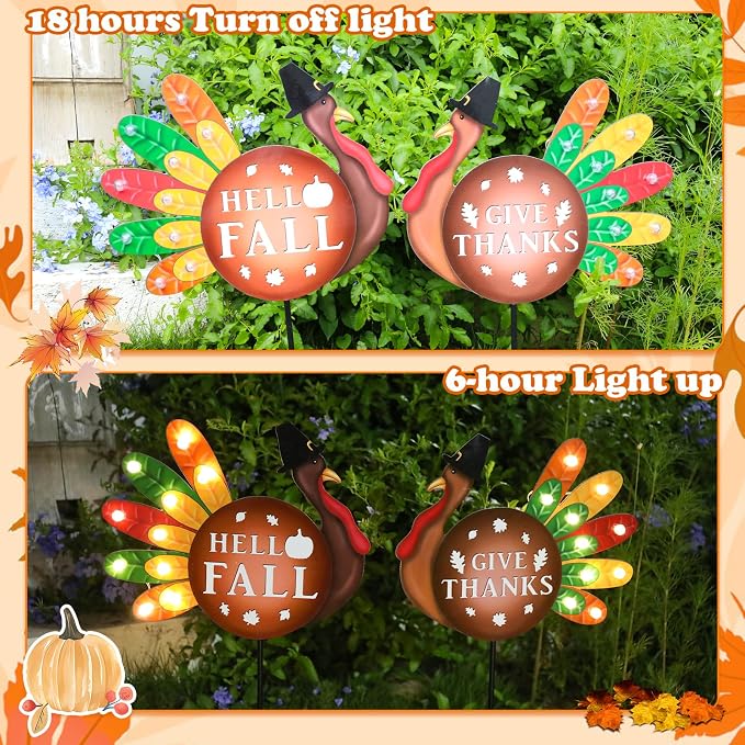 Fall Yard Decor Outdoor Autumn Harvest Garden Stakes with LED Light Autumn Two Turkeys Yard Sign with Stakes Fall Thanksgiving Decoration for Home Outside Lawn Garden Holiday Decor