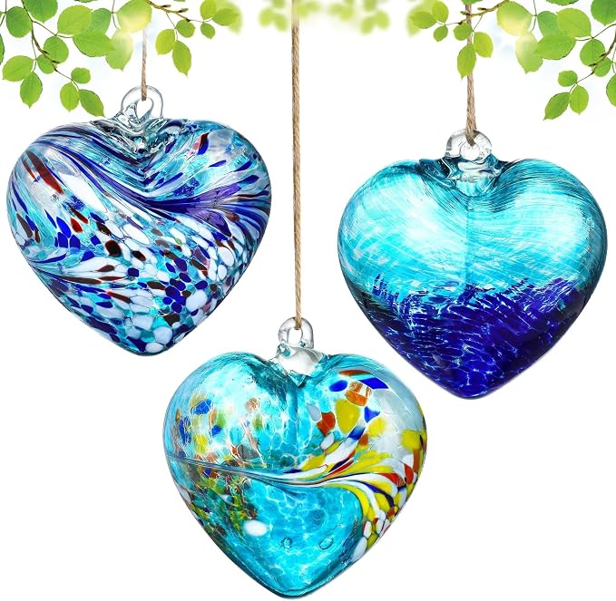 Set of 3 Handmade Glass Heart Ornament 3.9 Inch Blue Friendship Heart Balls | Hand-Blown Craftsmanship, Easy-Hang Lanyard Design for Indoor & Outdoor Hanging