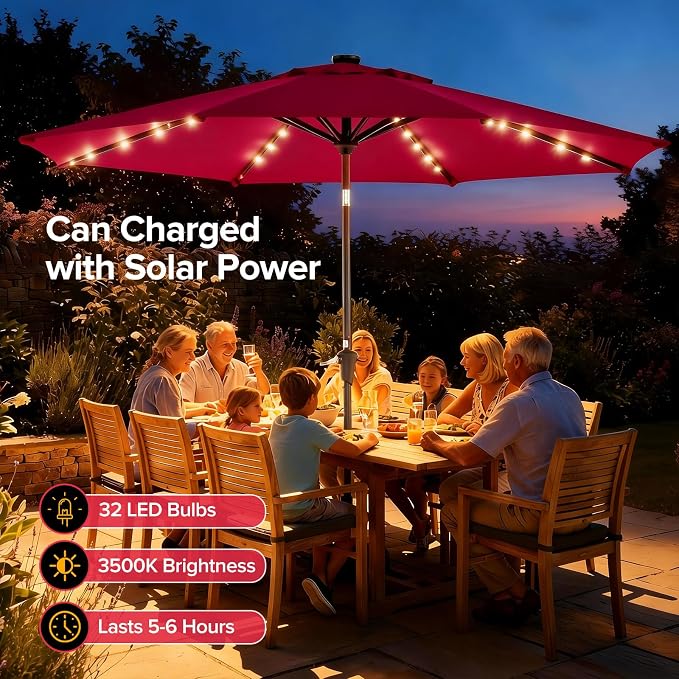 NEWBULIG 10ft Solar Patio Umbrella with 32 LED Lights, Table Market Umbrella with Tilt Adjustment & Crank Lift, Outdoor Sun Umbrella for Garden, Deck, Backyard, Pool and Beach
