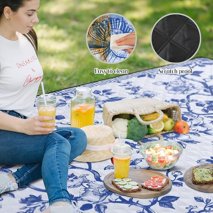 Newwiee 80 x 80 Inch Blue and White Floral Picnic Blanket Extra Large Outdoor Chinoiserie Picnic Mat with Carry Strap Waterproof Sandproof Blanket Foldable Portable for Beach Camping Grass Lawn Park