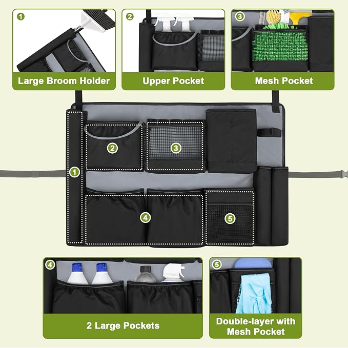 HODRANT 32-55 Gallon Trash Can Caddy Bag with Multi Pockets for Clean Tools | Garbage Bin Apron Caddy, Cleaning Tool Organizer with Adjustable Buckle for Janitorial Trash Can, Black+Gray