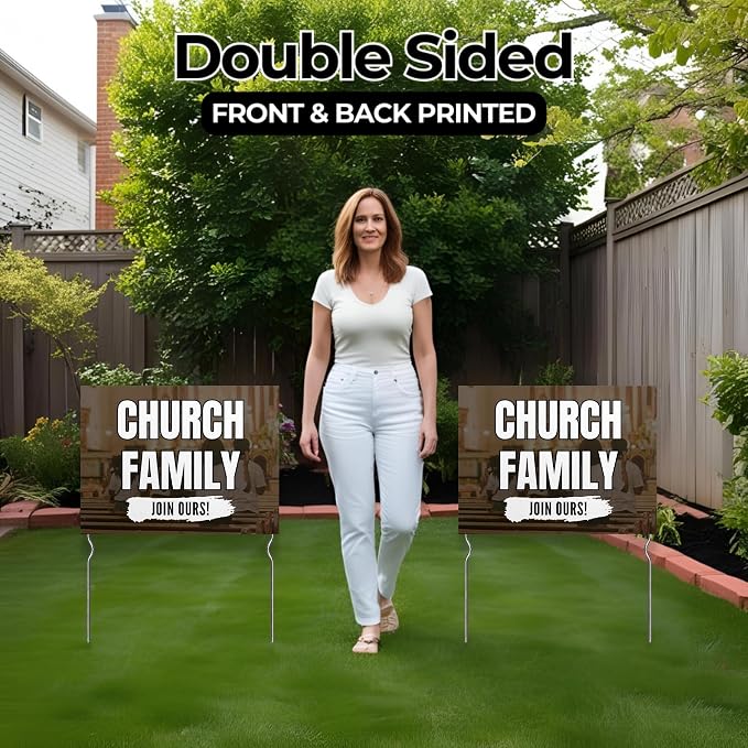 Church Family - Join Ours! Yard Sign by DC | 24"x18" Double Sided Church Garden Sign with 13” Metal Stakes | Outdoor Signs Waterproof for Lawn, Patio, Sidewalk & House | Set of 2 | Made in USA