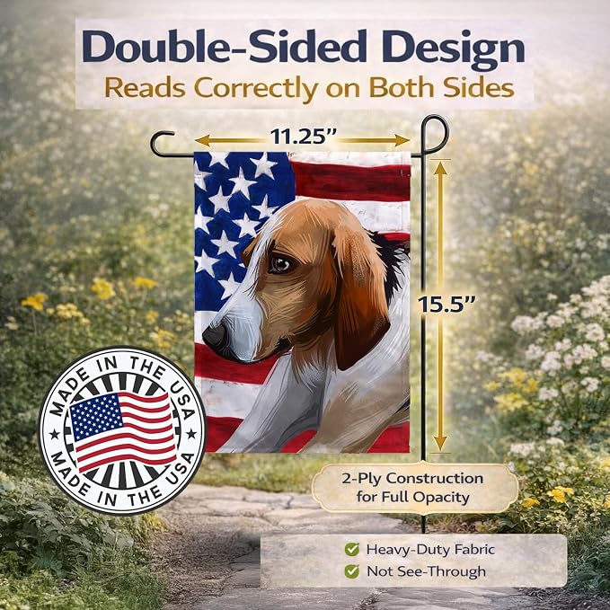 Caroline's Treasures CK6650GF Poitevin Dog American Flag Garden Flag Mailbox Flag Decorative Yard Flag Banner Outside Patio Artwork Yard Flower Beds, Garden Size, Multicolor