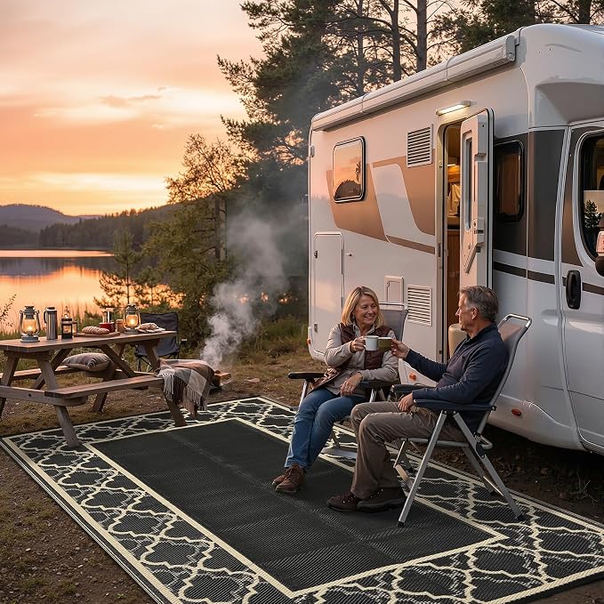 Garvee Reversible Outdoor Rug 6x9, Waterproof Outdoor Plastic Straw Rug with Interlacing Pattern, RV Mat for Picnics, Patio, Camping, Balcony, Deck, Backyard, Porch, Coffee