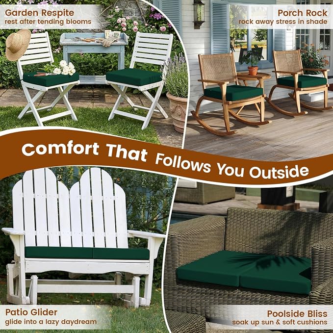 Favoyard Patio Chair Square Cushions Set of 2, Green, 22 x 22 x 3 inches | 5-Year Fade-resistant & Water-resistant Memory Foam Pad with Removable Cover & Ties for Outdoor Furniture Dining Chairs Seat